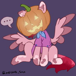 Size: 4096x4096 | Tagged: safe, artist:metaruscarlet, imported from derpibooru, oc, oc only, oc:metaru scarlet, pegasus, pony, blue background, clothes, halloween, happy halloween, holiday, jack-o-lantern, pegasus oc, pumpkin, simple background, sitting, solo, spotted, spread wings, wings