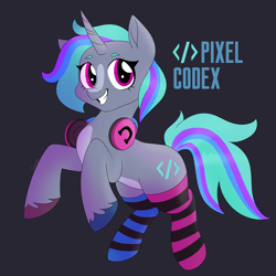 Size: 1550x1550 | Tagged: safe, imported from derpibooru, oc, oc only, oc:pixel codex, pony, unicorn, clothes, female, headphones, horn, mare, mascot, pixel codex (team), socks, solo, the ponies, the ponies (game)