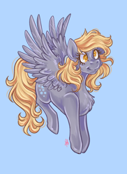 Size: 2400x3300 | Tagged: safe, artist:ashley-the-muffin, imported from derpibooru, derpy hooves, pegasus, pony, cute, derp, derpabetes, female, flying, mare, signature, simple background, sky, smiling, solo