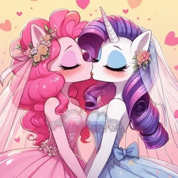 Size: 1024x1024 | Tagged: safe, imported from derpibooru, pinkie pie, rarity, anthro, ai content, ai generated, blushing, clothes, couple, dress, duo, eyes closed, eyeshadow, female, flower, flower in hair, french kiss, generator:copilot, generator:dall-e 3, kiss on the lips, kissing, lesbian, lesbian wedding, makeup, raripie, shipping, strapless, veil, wedding dress, wedding veil