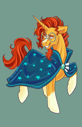 Size: 3300x5100 | Tagged: safe, artist:ashley-the-muffin, imported from derpibooru, sunburst, unicorn, cloak, clothes, glasses, grin, horn, male, nervous, nervous grin, raised hoof, simple background, smiling, solo, stallion, sunburst's cloak