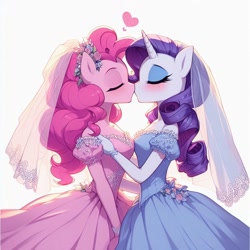 Size: 1024x1024 | Tagged: safe, imported from derpibooru, pinkie pie, rarity, anthro, ai content, ai generated, blushing, clothes, couple, dress, duo, eyes closed, eyeshadow, female, generator:copilot, generator:dall-e 3, kiss on the lips, kissing, lesbian, lesbian wedding, makeup, raripie, shipping, simple background, strapless, veil, wedding dress, wedding veil, white background