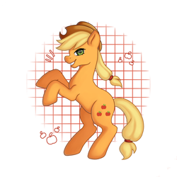 Size: 1920x1920 | Tagged: safe, artist:justvavx, imported from derpibooru, applejack, earth pony, pony, apple, female, food, mare, open mouth, open smile, rearing, smiling, solo