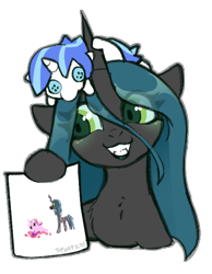 Size: 544x700 | Tagged: safe, artist:spoopygander, imported from derpibooru, princess cadance, queen chrysalis, shining armor, changeling, changeling queen, pony, blushing, cute, drawing, fangs, female, mare, my little pony the movie: the death of twilight sparkle, plushie, smiling, solo