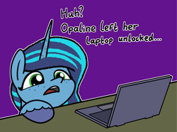 Size: 2048x1526 | Tagged: safe, artist:ewoudcponies, imported from derpibooru, pony, unicorn, browser history, computer, dialogue, female, g5, horn, implied opaline arcana, laptop computer, mare, misty brightdawn, open mouth, outline, solo, white outline