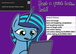 Size: 2048x1448 | Tagged: safe, artist:ewoudcponies, imported from derpibooru, pony, unicorn, ask, browser history, bust, computer, female, g5, horn, implied opaline arcana, laptop computer, mare, misty brightdawn, outline, purple background, search history, simple background, solo, tumblr, white outline