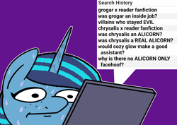 Size: 2048x1448 | Tagged: safe, artist:ewoudcponies, imported from derpibooru, pony, unicorn, browser history, bust, computer, female, g5, horn, implied cozy glow, implied lord tirek, implied opaline arcana, implied queen chrysalis, laptop computer, mare, misty brightdawn, nervous sweat, outline, purple background, search history, simple background, solo, sweat, white outline