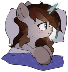 Size: 850x898 | Tagged: safe, alternate version, artist:spoopygander, imported from derpibooru, oc, oc only, oc:spipples, pony, unicorn, bed, blushing, cute, ear piercing, earring, female, freckles, heart, heart eyes, horn, jewelry, magic, mare, markings, nose piercing, nose ring, phone, piercing, pillow, simple background, smiling, solo, transparent background, wingding eyes