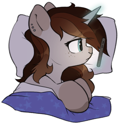 Size: 850x898 | Tagged: safe, artist:spoopygander, imported from derpibooru, oc, oc only, oc:spipples, pony, unicorn, bed, cute, ear piercing, earring, female, freckles, horn, jewelry, magic, mare, markings, nose piercing, nose ring, phone, piercing, pillow, sad, simple background, solo, transparent background