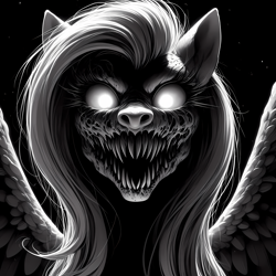 Size: 4096x4096 | Tagged: safe, imported from twibooru, fluttershy, pegasus, pony, ai content, ai cover, ai generated, anonymous prompter, black background, generator:bing image creator, generator:dall-e 3, glowing eyes, grayscale, horror, image, monochrome, png, sharp teeth, simple background, solo, spread wings, stars, teeth, wings