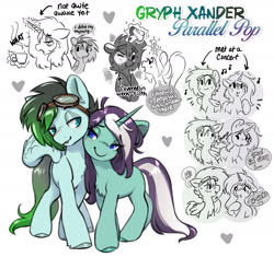 Size: 2400x2259 | Tagged: safe, artist:opalacorn, imported from derpibooru, oc, oc only, oc:gryph xander, oc:parallel pop, pegasus, pony, unicorn, bags under eyes, blush lines, blushing, coffee mug, commission, dialogue, duo, duo male and female, female, goggles, goggles on head, heart, horn, levitation, lidded eyes, looking at each other, looking at someone, magic, male, mare, married couple, mug, music notes, nuzzling, oc x oc, rag, shipping, simple background, smiling, smiling at each other, soot, stallion, straight, telekinesis, tired eyes, white background, wings