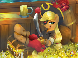 Size: 2400x1800 | Tagged: safe, artist:darksly, imported from derpibooru, applejack, earth pony, pony, my little pony: the movie, barrel, boots, cider, cider mug, clothes, coat, coin, cutlass, eyepatch, female, gold, hat, mare, mug, open mouth, pants, pirate, pirate applejack, pirate hat, shoes, solo, sword, treasure chest, weapon