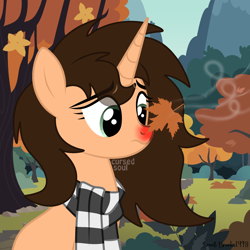 Size: 2500x2500 | Tagged: safe, artist:cursed soul, artist:small-brooke1998, imported from derpibooru, oc, oc:small brooke, pony, unicorn, autumn, cold, cold weather, horn, leaf, leaves, solo