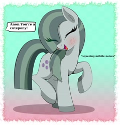 Size: 1919x2006 | Tagged: safe, artist:scandianon, imported from derpibooru, marble pie, earth pony, pony, abstract background, blushing, cute, female, giggling, happy, marblebetes, mare, open mouth, open smile, raised hoof, raised leg, smiling, solo