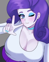 Size: 1280x1600 | Tagged: safe, artist:masterdestroyzj, imported from derpibooru, rarity, human, equestria girls, big breasts, breasts, busty rarity, cleavage, female, gray background, huge breasts, looking at you, one eye closed, peace sign, simple background, solo, wink, winking at you