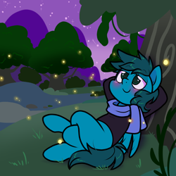 Size: 1300x1300 | Tagged: safe, artist:paperbagpony, imported from derpibooru, oc, oc only, firefly (insect), insect, clothes, forest, grass, nature, scarf, tree