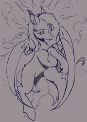 Size: 1500x2100 | Tagged: safe, artist:slimeprints, imported from derpibooru, fluttershy, bat pony, pony, bat ponified, female, flutterbat, flying, mare, monochrome, partially open wings, race swap, sketch, solo, wings, wip