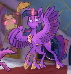 Size: 950x990 | Tagged: safe, artist:impishsen, imported from derpibooru, spike, twilight sparkle, alicorn, dragon, pony, duo, duo male and female, female, fetlock tuft, glowing, glowing horn, hoof shoes, horn, jewelry, leonine tail, male, mare, offscreen character, peytral, princess shoes, quill, scroll, solo focus, spread wings, tail, tail jewelry, twilight sparkle (alicorn), wings