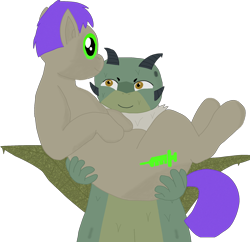 Size: 1910x1846 | Tagged: safe, artist:xada, imported from derpibooru, oc, oc:jolly syringe, earth pony, goo, pony, chest fluff, duo, furry, furry oc, green eyes, holding a pony, horns, leaf, multiple tails, orange eyes, purple mane, purple tail, simple background, tail, transparent background, two tails