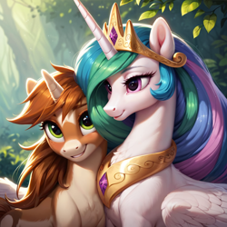 Size: 1024x1024 | Tagged: safe, imported from derpibooru, princess celestia, oc, alicorn, pony, unicorn, ai content, ai generated, embrace, forest, generator:pony diffusion v6 xl, generator:stable diffusion, horn, nature, outdoors, prompter:teonanakatle, tree