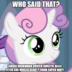 Size: 500x500 | Tagged: safe, imported from derpibooru, screencap, sweetie belle, unicorn, for whom the sweetie belle toils, cyrillic, horn, implied diamond tiara, implied fluttershy, larisa brokhman, meme, russian, solo, super why, uploader id:715756