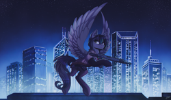 Size: 1600x934 | Tagged: safe, artist:hagalazka, imported from derpibooru, oc, oc only, pegasus, pony, city, cityscape, clothes, gun, looking at you, machine gun, solo, spread wings, weapon, wings