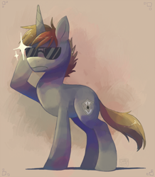 Size: 678x778 | Tagged: safe, artist:sharmie, imported from derpibooru, oc, oc only, oc:order compulsive, pony, unicorn, commission, frown, gray, horn, male, solo, stallion, sunglasses