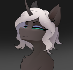 Size: 3132x3019 | Tagged: artist needed, safe, imported from derpibooru, oc, oc:kitu elder, changeling, changeling queen, ear piercing, earring, ears, eyelashes, eyeshadow, female, glare, gray coat, horn, jewelry, makeup, piercing, simple background, teal eyes, white mane