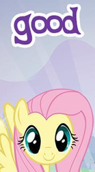 Size: 184x332 | Tagged: safe, imported from derpibooru, fluttershy, pegasus, pony, cropped, english, female, gameloft, good, looking at you, mare, meme, my little pony: magic princess, solo, text, wings, wow! glimmer, younger