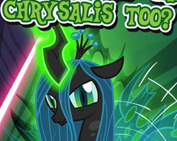 Size: 377x301 | Tagged: safe, imported from derpibooru, queen chrysalis, changeling, changeling queen, cropped, english, female, gameloft, looking at you, meme, my little pony: magic princess, question, question mark, solo, text, unamused, wow! glimmer