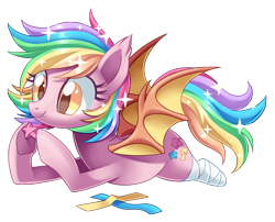 Size: 2422x1955 | Tagged: safe, artist:centchi, imported from derpibooru, oc, oc only, oc:paper stars, bat pony, pony, amputee, commission, cute, cute little fangs, fangs, female, hoof hold, lying down, mare, multicolored hair, origami, prone, rainbow hair, simple background, smiling, solo, sparkles, sparkly mane, spread wings, transparent background, wings