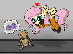 Size: 2601x1936 | Tagged: safe, artist:background basset, imported from derpibooru, fluttershy, alien, pegasus, pony, female, floating, gasp, heart, lethal company, maneater, monster, spread wings, thought bubble, video game, video game crossover, wings