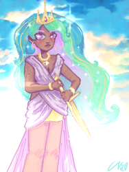 Size: 1536x2048 | Tagged: safe, artist:chaos4cringe, imported from derpibooru, princess celestia, human, alternate hairstyle, blushing, bracelet, clothes, crown, dark skin, dress, ear piercing, earring, female, humanized, jewelry, necklace, piercing, regalia, ring, solo, sword, tattoo, weapon