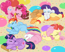 Size: 1500x1200 | Tagged: safe, artist:yoshimarsart, imported from derpibooru, applejack, fluttershy, pinkie pie, rainbow dash, rarity, twilight sparkle, alicorn, pony, balloon, book, cake, cute, dashabetes, diapinkes, female, food, hat, jackabetes, lesbian, lying down, mane six, party hat, prone, raribetes, rarijack, shipping, shyabetes, sleeping, twiabetes, twilight sparkle (alicorn)