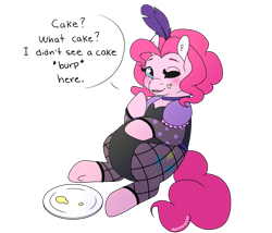 Size: 1556x1335 | Tagged: safe, artist:dalunadeer, imported from derpibooru, pinkie pie, earth pony, pony, blatant lies, chubby, clothes, dish, dress, fat, female, leotard, mare, pudgy pie, puffy sleeves, saloon dress, saloon pinkie, simple background, solo, stuffed, transparent background