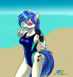 Size: 1528x1596 | Tagged: safe, artist:thunderblitz1, imported from derpibooru, dj pon-3, vinyl scratch, anthro, unicorn, armpits, beach, clothes, female, glasses, horn, multiple variants, one-piece swimsuit, peace sign, solo, swimsuit