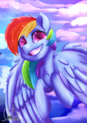 Size: 2059x2912 | Tagged: safe, artist:paintcoloryt, imported from derpibooru, rainbow dash, pegasus, pony, chest fluff, cloud, female, mare, sky, smiling, solo