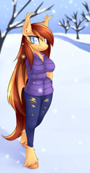 Size: 1768x3390 | Tagged: safe, artist:scarlet-spectrum, imported from derpibooru, part of a set, oc, oc only, oc:silver veil, anthro, bat pony, unguligrade anthro, anthro oc, bat pony oc, bat wings, clothes, coat, commission, female, looking at you, pants, ripped pants, smiling, snow, solo, torn clothes, tree, unshorn fetlocks, wings, winter