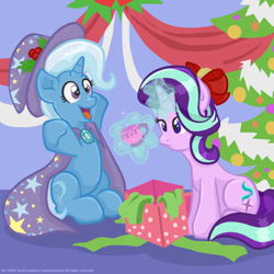 Size: 1200x1200 | Tagged: safe, artist:yoshimarsart, imported from derpibooru, starlight glimmer, trixie, pony, unicorn, christmas, christmas tree, cup, cute, diatrixes, duo, duo female, female, glowing, glowing horn, happy, holiday, horn, lesbian, magic, mare, present, shipping, startrix, teacup, telekinesis, that pony sure does love teacups, tree