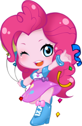 Size: 1985x3020 | Tagged: safe, artist:yuuabyss, imported from derpibooru, pinkie pie, human, equestria girls, balloon, chibi, confetti, cute, diapinkes, female, one eye closed, simple background, solo, streamers, transparent background, wink