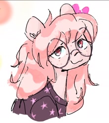 Size: 1357x1537 | Tagged: safe, artist:khvorost162, imported from derpibooru, oc, oc only, oc:krista pebble, earth pony, :3, bow, clothes, cute, female, freckles, glasses, pink mane, shirt, solo, t-shirt