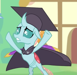 Size: 685x673 | Tagged: safe, imported from derpibooru, screencap, ocellus, changedling, changeling, uprooted, bipedal, cropped, graduation cap, hat, solo