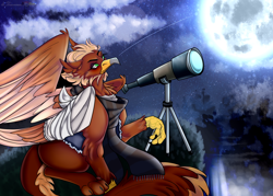 Size: 2100x1500 | Tagged: safe, artist:legendaryshadee, imported from derpibooru, oc, oc:pavlos, griffon, bandage, clothes, male, night, scarf, solo, telescope