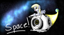 Size: 1380x768 | Tagged: safe, imported from derpibooru, derpy hooves, pegasus, pony, female, mare, open mouth, portal (valve), portal 2, space, tongue out