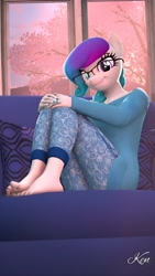 Size: 2700x4800 | Tagged: safe, artist:kenaga, oc:aurora starling, anthro, 3d, clothes, feet, glasses, heterochromia, looking at you, pajamas, sitting, toenails