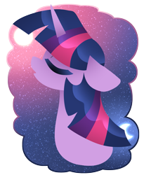 Size: 1581x1924 | Tagged: safe, artist:ladylullabystar, imported from derpibooru, twilight sparkle, pony, bust, eyes closed, female, mare, moon, night, night sky, portrait, sky, solo, stars