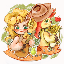 Size: 2048x2048 | Tagged: safe, artist:momo264873, imported from derpibooru, bright mac, pear butter, earth pony, pony, apple, banner, blushing, bouquet of flowers, female, flower, food, guitar, hat, male, mare, musical instrument, outline, pear, simple background, stallion, text, white background, white outline