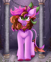 Size: 2700x3300 | Tagged: safe, artist:gaffy, imported from derpibooru, oc, oc only, oc:sharp stem, kirin, alicorn amulet, castle, chains, cheek fluff, column, ear fluff, evil grin, front view, grin, halloween, holiday, kirin oc, leaves, smiling