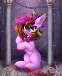 Size: 2700x3300 | Tagged: safe, alternate version, artist:gaffy, imported from derpibooru, oc, oc only, oc:sharp stem, kirin, castle, chains, column, ear fluff, evil grin, eye clipping through hair, female, grin, kirin oc, leaves, sitting, smiling