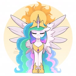 Size: 2894x2894 | Tagged: safe, artist:jellysketch, imported from derpibooru, princess celestia, alicorn, pony, eyes closed, female, front view, mare, solo, spread wings, sun, wings